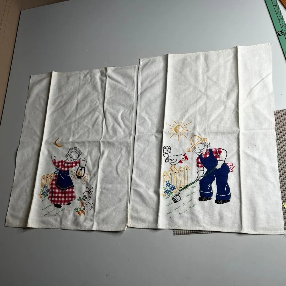 Vintage 1950s Hand Embroidered Tea Towels‎ Set 2 Farm Grandmother Grandfather